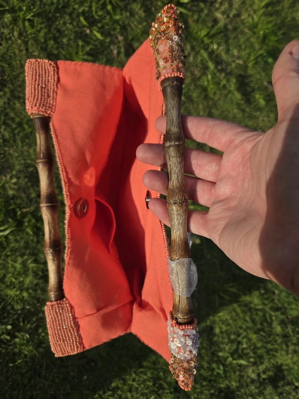 🧡 Viral Handmade Beaded Boho Clutch- Coral Pink & Bronze with Bamboo Handle